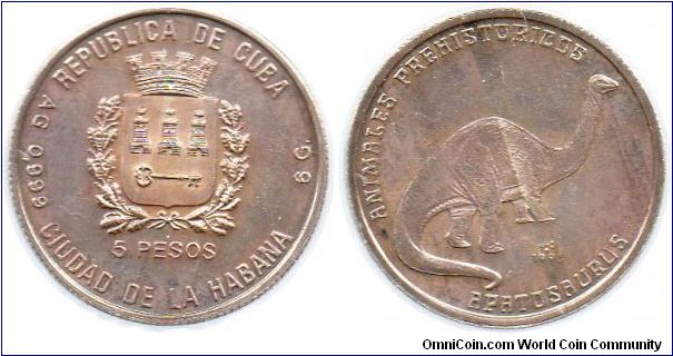 1993 5 Pesos - Apatosaurus