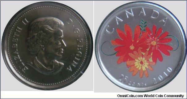 Canada, 25 cents, 2010 Thank you!, coloured coin