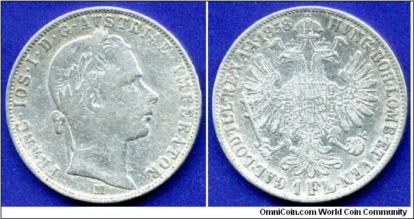 1 Florin.
Austrian Empire.
Franc Ioseph I (1848-1916).
'M'- Milan mint.


Ag900f. 12,34gr.