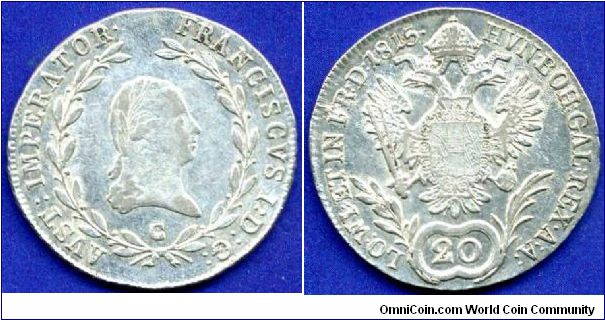 20 kreuzer (Zwanziger).
Austrian Empire.
Francisc I (1806-1835).
Legend: *LO:ET IN FR:D*.
'C'- Prague mint.
Mintage 128,000 units.


Ag583f. 6,68gr.