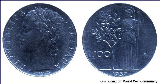 Italy, 100 liras, 1957, Ac, 27.8mm, 8g, MM: R (Rome), Minerva.                                                                                                                                                                                                                                                                                                                                                                                                                                                      