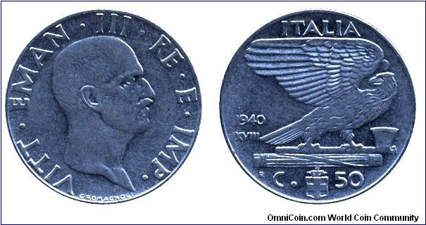 Italy, 50 centesimos, 1940, Ac, 24.1mm, 6g, MM: R (Rome), magnetic, King Victor Emanuel III.                                                                                                                                                                                                                                                                                                                                                                                                                        