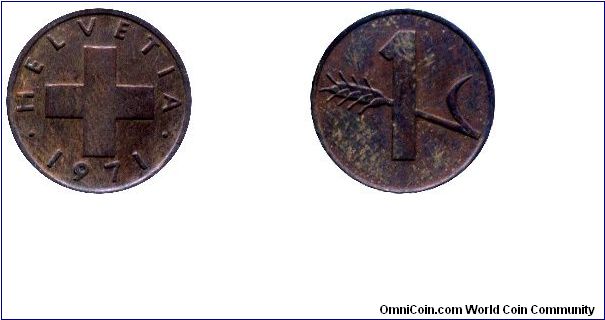 Switzerland, 1 rappen, 1971, Bronze, Wheat, Helvetia.                                                                                                                                                                                                                                                                                                                                                                                                                                                               