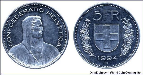 Switzerland, 5 francs, 1994, Cu-Ni, William Tell.                                                                                                                                                                                                                                                                                                                                                                                                                                                                   