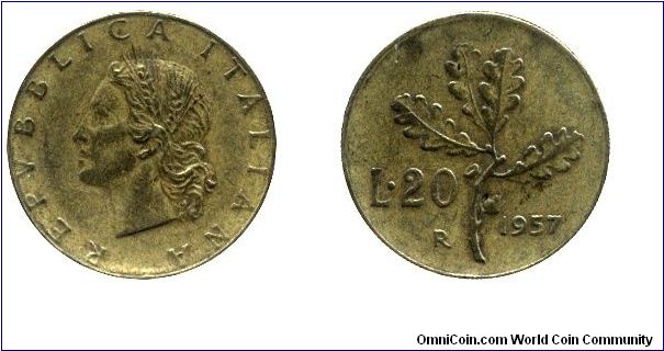 Italy, 20 liras, 1957, Al-Bronze, 21.3mm, 3.6g, Oak twig, reeded edge.                                                                                                                                                                                                                                                                                                                                                                                                                                              