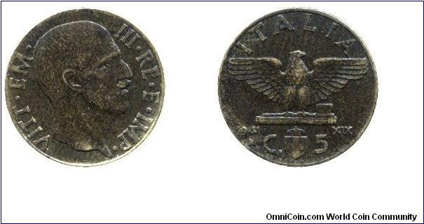 Italy, 5 centesimos, 1941, Al-Bronze, 19.5mm, 2.95g, King Victor Emanuel III.                                                                                                                                                                                                                                                                                                                                                                                                                                       