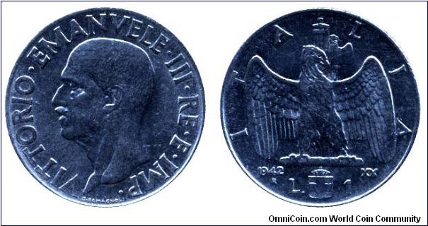 Italy, 1 lira, 1942, Ac, 26.7mm, 8g, MM: R (Rome), Eagle, King Victor Emanuel III.                                                                                                                                                                                                                                                                                                                                                                                                                                  