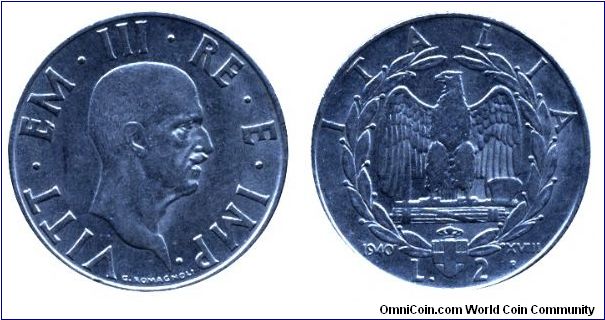 Italy, 2 liras, 1940, Ac, 29.1mm, 10g, MM: R (Rome), Eagle, King Victor Emanuel III.                                                                                                                                                                                                                                                                                                                                                                                                                                