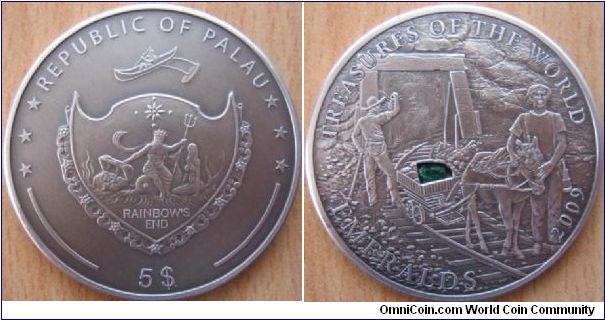 5 Dollars - Treasures of the world - Emeralds - 25 g Ag .999 antique finish (with one real emerald) - mintage 2,000