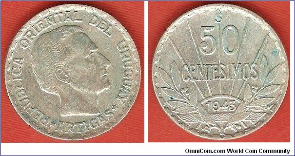 50 centesimos
0.720 silver
bust of Artigas
Santiago Mint