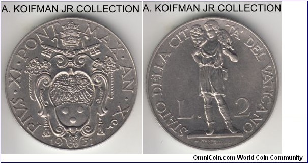 KM-6, 1931 Vatican 2 lire; nickel, plain edge; X year of Pius XI, nnice bright uncirculated, mintage 50,000.