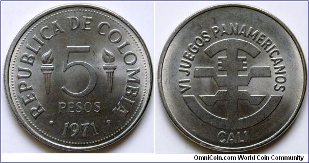 5 pesos.
1971, 6th Panamerican Games - Cali, Colombia 1971.
Mintage 2.000.000 units.