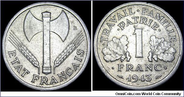 France - 1 Franc - 1943 - Weight 1,3 gr - Aluminum - Size 23 mm - Designer / Lucien Bazor - German occupatio WWII / Wichy State / Chief of the Frenche State / Philippe Pétain (1940-44) - Mintage 68 082 000 - Edge : Plain - Reference KM# 902.2 (1943-44)