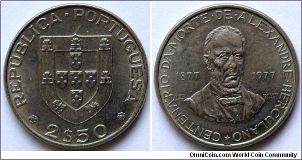 2,5 escudos.
1977, Alexandre Herculano