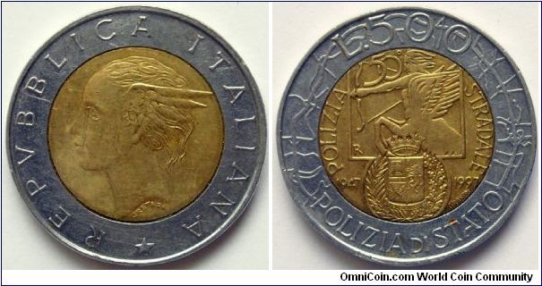 500 lire.
1997, 50th Anniversary of Italian Road Police (1947-1997)