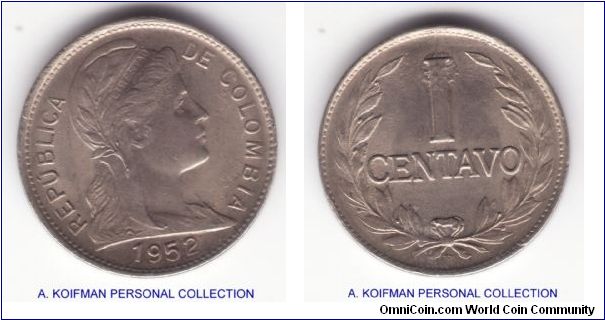 KM-275a, 1952 Colombia centavo; nickel clad stainless steel, plain edge; uncirculated with a die break on each side and overall poor quality strike of the underlying steel