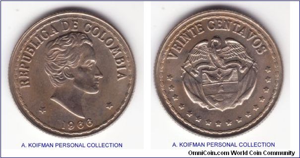 KM-215.3, 1966 Colombia 20 centavos; copper nickel, reeded edge; good extra fine to about uncirculated