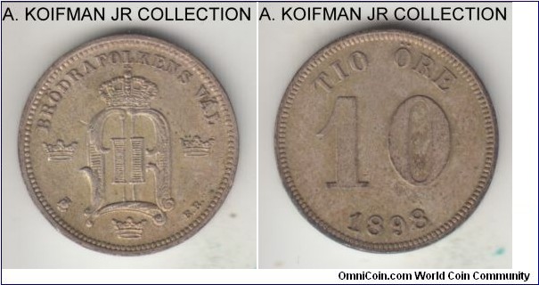 KM-350, 1898 Norway 10 ore; silver, plain edge; Oscar II, late years of the type, .400 silver coins wore out quickly, but this is a nice toned uncirculated or almost coin.