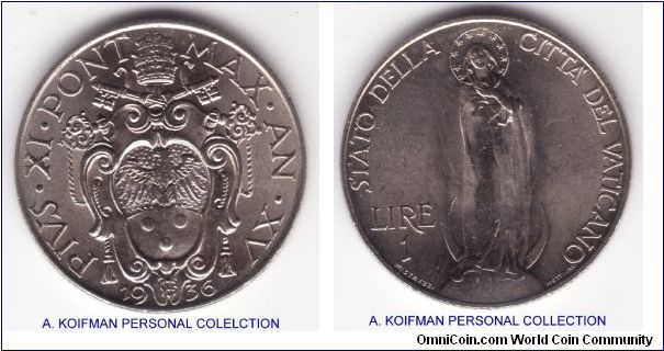 Y#5, 1936/XV year of Pius XI Vatican lira; nickel, reeded edge; brilliant uncirculated, mintage 40,000