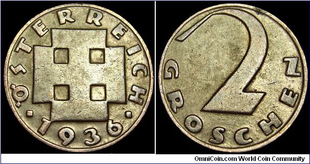 Austria - 2 Groschen - 1936 - Weight 3,3 gr - Bronze - Size 19,1 mm - President / Wilhelm Miklas (1928-38) - Obverse Designer / Adolf Hoffman - Reverse Designer / Philipp Häusler - Mintage 4 410 000 - Edge : Plain - Reference KM# 2837 (1925-38)