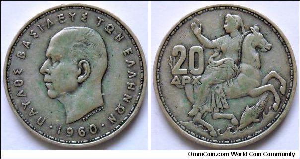 20 drachmai.
1960, Paul, King of the Hellenes.
Ag 835.