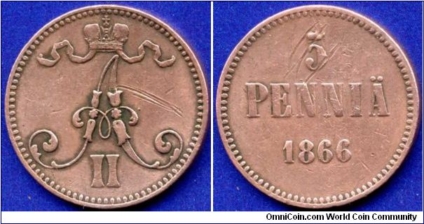 5 pennia.
Grand Duchy of Finland.
Alexander II (1855-1881).
Mintage 2,490,000 units.


Cu.