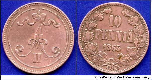 10 pennia.
Grand Duchy of Finland.
Alexander II (1855-1881).
Mintage 250,000 units.


Cu.