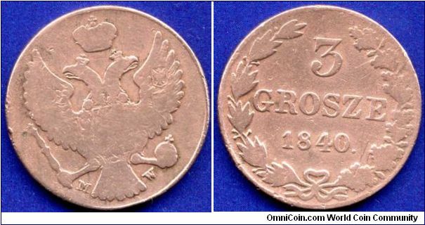 3 grosze (grroshes).
Kingdom of Poland, As part of Russia.
Nicolaus I (1825-1855).
'MW' - Warszaw mint.
Mintage 118,000 units.


Cu.
