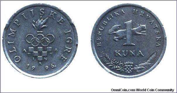 Croatia, 1 kuna, 1996, Atlanta, Olimpijske Igre (Summer Olympic Games Atlanta).                                                                                                                                                                                                                                                                                                                                                                                                                                     