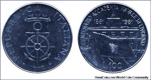 Italy, 100 lire, 1981, Ac, 27.8mm, 8g, MM: R (Rome), 1881-1981, Centennial of Livorno Naval Academy.                                                                                                                                                                                                                                                                                                                                                                                                                