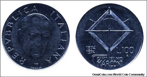 Italy, 100 lire, 1974, Ac, 27.8mm, 8g, MM: R (Rome), 100th Anniversary of Birth of Guglielmo Marconi.                                                                                                                                                                                                                                                                                                                                                                                                               