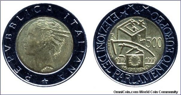 Italy, 500 lire, 1999, Ac-Al-B, 25.8mm, 6.8g, MM: R (Rome), Elezioni del Parlamento Europeo 1979-1999.                                                                                                                                                                                                                                                                                                                                                                                                              
