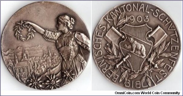Swiss shooting medal struck in silver for the shooting festival at Biel in 1903. Engraved by Holy Freres.