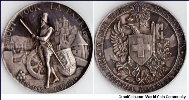silver shooting medal struck for the shooting festival in Geneva in 1887. Engraved by Lossier. Only 3903struck in silver.