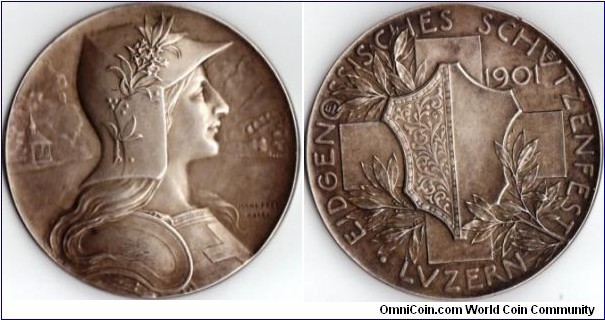 swiss shooting medal struck in silver for the shooting festival at Lucern in 1901. Engraved by Hans Frei.