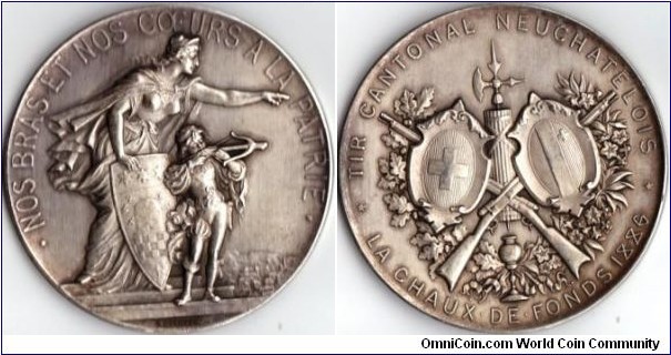 swiss shooting medal struck in silver for the shooting festival at Neuchatel in 1886. Engraved by Durussel. 