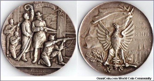 swiss shooting medal struck in silver for the shooting festival at Neuchatel in 1898. Engraved by F. Landry. Only 3009 struck in silver