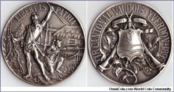 swiss shooting medal struck in silver for the shooting festival at Yverdon, Vaud in 1899. Engraved by J. Guillarmod.