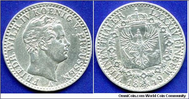 1/6 Thaler.
Kingdom of Prussia.
Friedrich Wilhelm IV (1840-1861).
*A* Berlin mint.
Mintage 2,556,000 units.


Ag521f. 5,34gr.