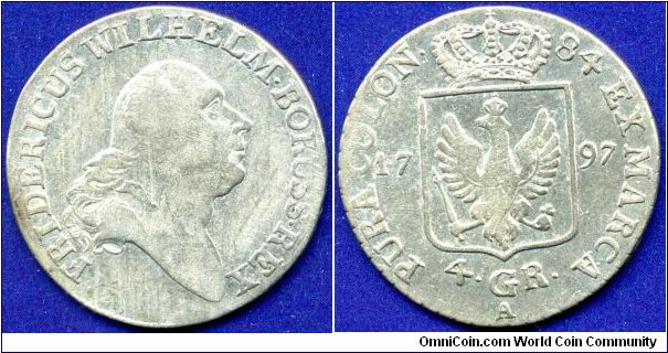 4 Groschen (1/6 Reichsthaler).
Kingdom of Prussia.
Friedrich Wilhelm II (1786-1797).
*A* Berlin mint.


Ag521f. 5,345gr.