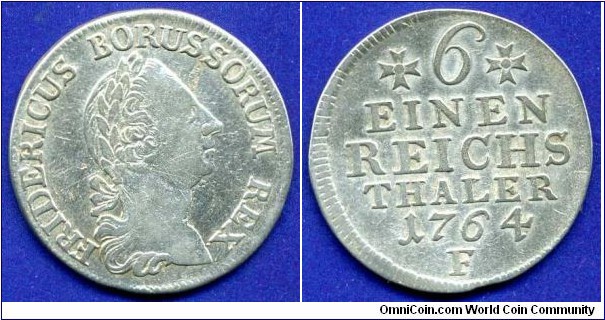1/6 Reichsthaler.
Kingdom of Prussia.
Friedrich II (1740-1786), The Great.
*F* Magdeburg mint.


Ag 521f. 5,34gr.