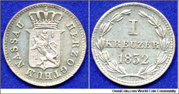 1 kreuzer.
Duchy of Nassau.
Wilhelm (1816-1839).
Mintage 144,000 units.


Ag229f. 0,53gr.