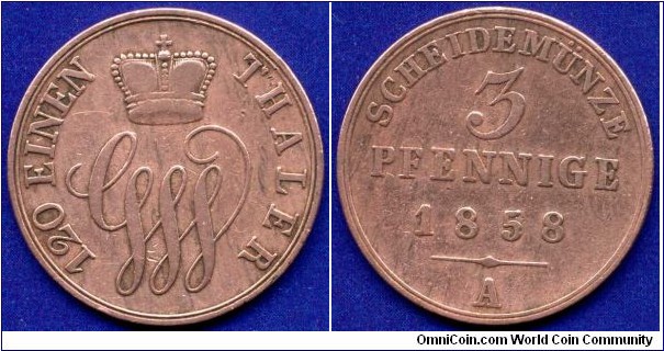 3 pfennige.
Schamburg-Lippe.
Georg Wilhelm (1807-1860).
*A* Berlin mint.
Mintage 360,000 units.


Cu.