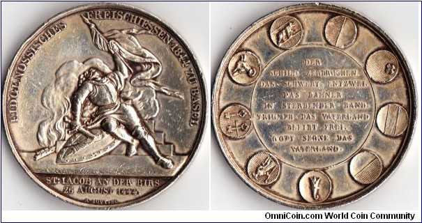 Swiss 'so called taler' minted to commemorate the shooting festival at Basel in 1844. Engraved by Antoine Bovy. Only 2500 struck in silver.