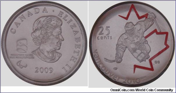Canada, 25 cents, 2007-2010 Vancouver 2010 Olympic Winter Games Coin Sport Card series (15/15), 2009 Ice Sledge Hockey, coloured coin