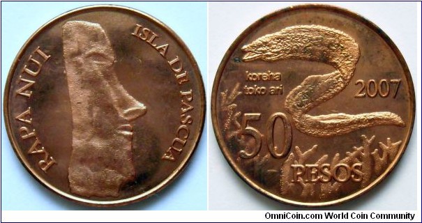 50 pesos.
2007, Easter Island.
Moray eel.
