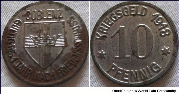 1918 KREIGSGELD 10 pfennig from coblenz, good grade, little bit rusty on obverse