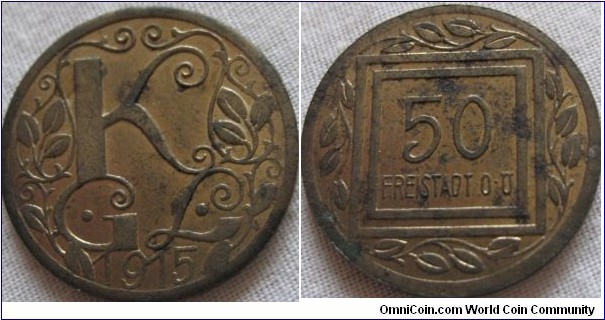 50 heller notsgeld coin from the freistadt POW camp, lustrous