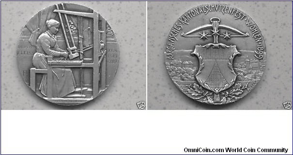 Swiss Shooting Fest.
Wohlen Aaraguer Kantonal-Schiessen by Franz Homberg,Silver 45MM. Mintage 529