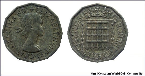 United Kingdom, 3 pence, 1964, Ni-Brass, 21mm, 6.8g, Chained portullis, Queen Elizabeth II.